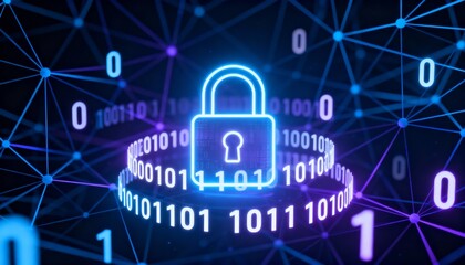 Abstract glowing padlock icon surrounded by binary code, digital cyber security network background