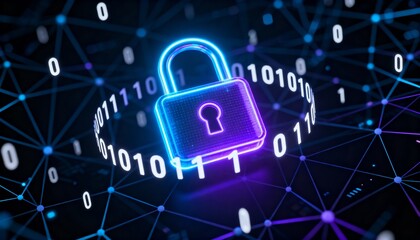 Abstract glowing padlock icon surrounded by binary code, digital cyber security network background