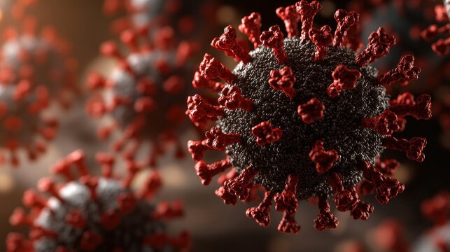 Digital rendering of a microscopic viral particle, illustrating the infectious agent behind a global health crisis and pathogen transmission, characterized by distinct spiky protein structures