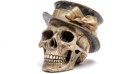 A decorative skull is adorned with a stylish top hat and ribbon creating a striking and unusual centerpiece ideal for Halloween or themed events.