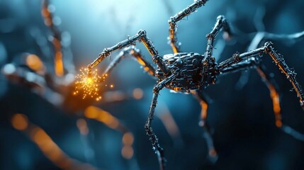 Macro shot of a realistic spider with glowing elements and electric sparks in a dark, mysterious environment, evoking a sense of sci-fi horror and technological advancement