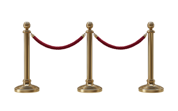 Three gold stanchions with red velvet rope isolated on a transparent background