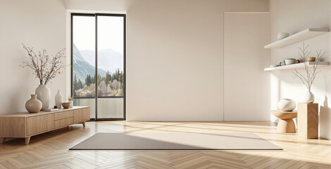Fototapeta premium Modern minimalist living room interior with wooden furniture and empty beige wall for poster mockup, featuring mountain view and natural lighting. Ai generative