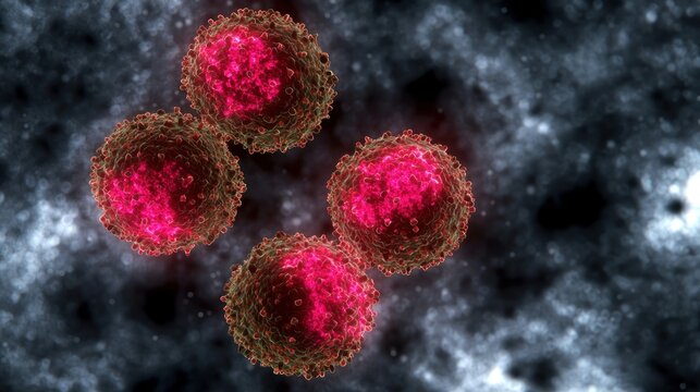 Scientific illustration of a cluster of four harmful microorganisms, possibly viruses or mutated cells, showing internal activity - Powered by Adobe
