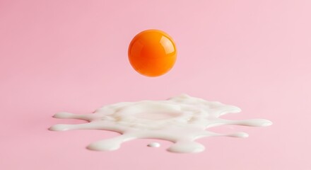Egg yolk suspended above a splash of milk on a pink background