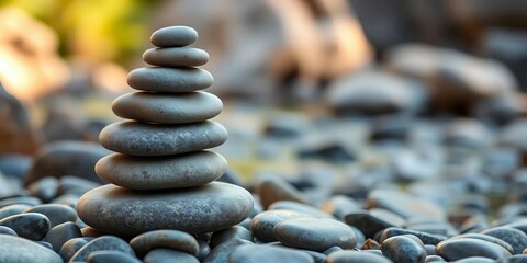 A carefully balanced stack of smooth, grey river stones, stones,  texture