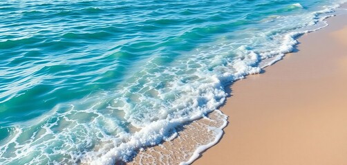 Tranquil turquoise ocean waves lapping gently on a sandy shore, oceanic, sunlight
