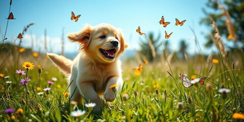 Fluffy golden retriever puppy playfully chasing butterflies in a sun-drenched meadow, sunshine, wildlife