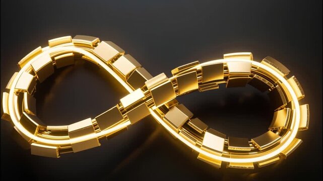 Golden infinity symbol glowing light effect dark abstract background representing endless possibilities continuity futuristic
