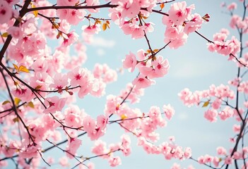Soft pink cherry blossoms, pastel sky, anime-inspired aesthetic,  digital art,   blossom