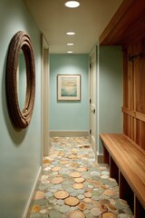 A hallway with a calming teal color palette showcases a unique flooring design comprised of various wood slices, creating a natural and inviting atmosphere.