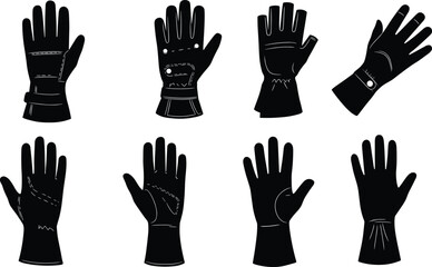 Obraz premium Glove silhouettes, fashion styles, utility designs, stitched details, black vector, accessory icons, elegant set, protective wear, handwear variety