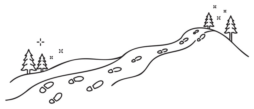 Footprints on snowy hill with pine trees and stars in simple line art - stock vector