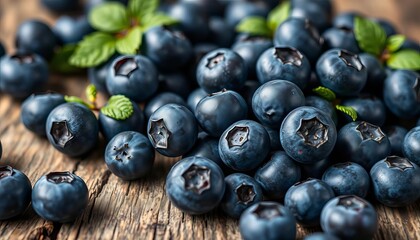 Close-up of vibrant, plump blueberries scattered on a rustic wooden surface, clean, image