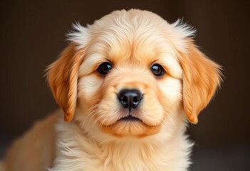 Fluffy golden retriever puppy, big brown eyes, playful expression, pet portrait, love