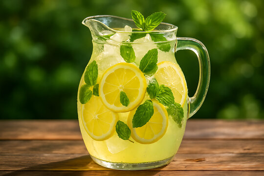 Refreshing Lemonade Pitcher: A vibrant, close-up shot captures a refreshing pitcher of lemonade, filled with lemon slices, mint sprigs, and ice cubes. The scene embodies summer bliss on a sunny day