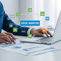 Fototapeta premium Digital marketing professional analyzing data and using laptop with glowing icons