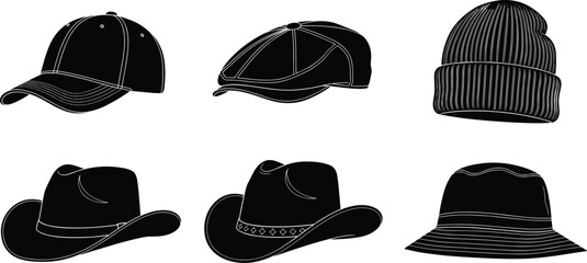 Hat silhouettes, baseball cap, fedora, beanie, cowboy hat, top hat, bucket hat, black design, fashion vector, headwear icons