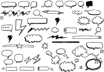 Assortment of hand-drawn speech bubbles, thought bubbles, and lightning bolts comic cartoon