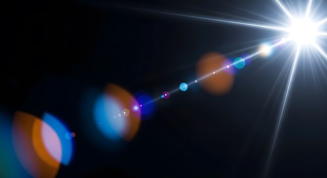 Bright lens flare effect with colorful bokeh and light streaks against a dark background, abstract light effect - Powered by Adobe