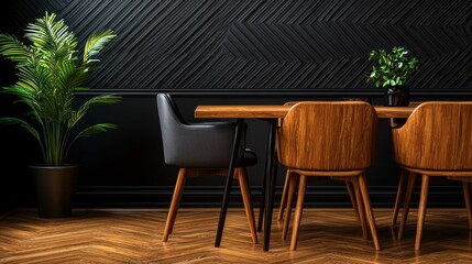 Elegant Dining Area Wooden Table and Stylish Chairs in a Dark, Sophisticated Interior