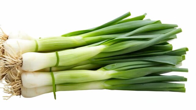 A bundle of green and white onions against a plain backdrop.