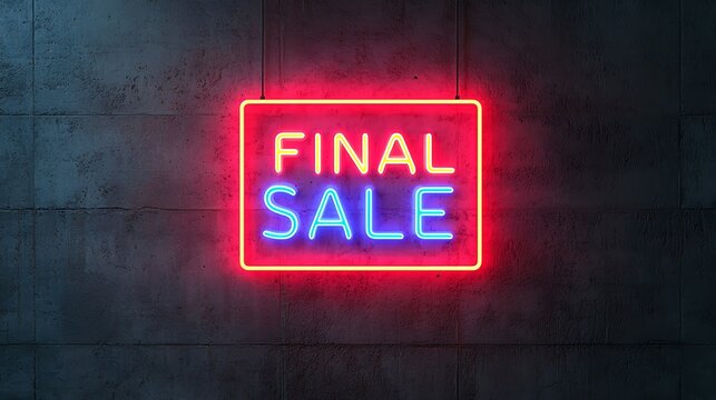 A vibrant neon sign displaying "FINAL SALE" against a textured wall, indicating a promotional sale or clearance event.