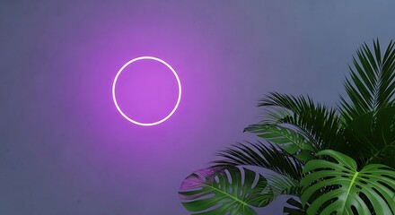 Neon circle and tropical leaves against a gradient background, futuristic aesthetic