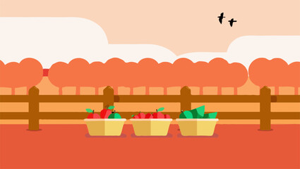 Autumn harvest farm scene with produce baskets and rustic fence vector illustration