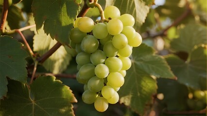 A fresh, ripe bunch of green grapes hangs from the vine ready for the autumn harvest