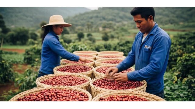 Coffee harvesters sorting cherries outdoors