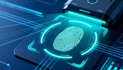 AI-powered security system scanning biometric fingerprint, futuristic glowing interface