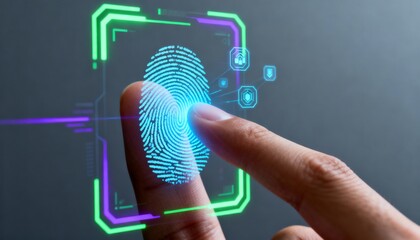 AI-powered security system scanning biometric fingerprint, futuristic glowing interface
