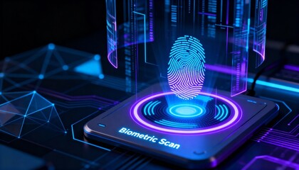 AI-powered security system scanning biometric fingerprint, futuristic glowing interface