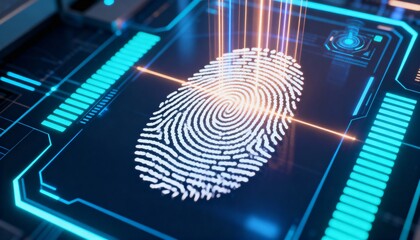 AI-powered security system scanning biometric fingerprint, futuristic glowing interface