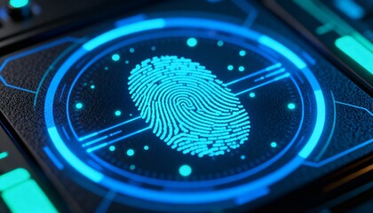 AI-powered security system scanning biometric fingerprint, futuristic glowing interface