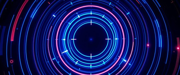 Abstract blue radar screen interface with concentric circles and glowing lines, system, blue