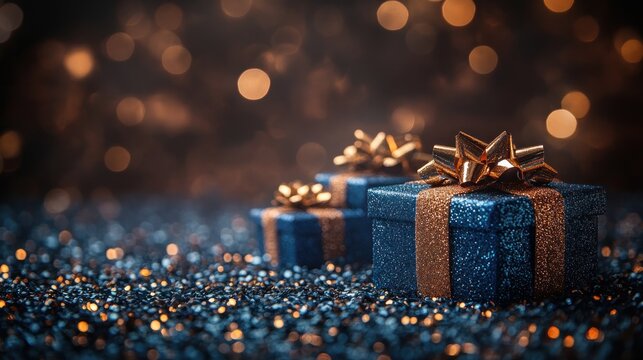 Festive holiday gift boxes with golden bows and bokeh lights, perfect for Christmas and New Year celebrations