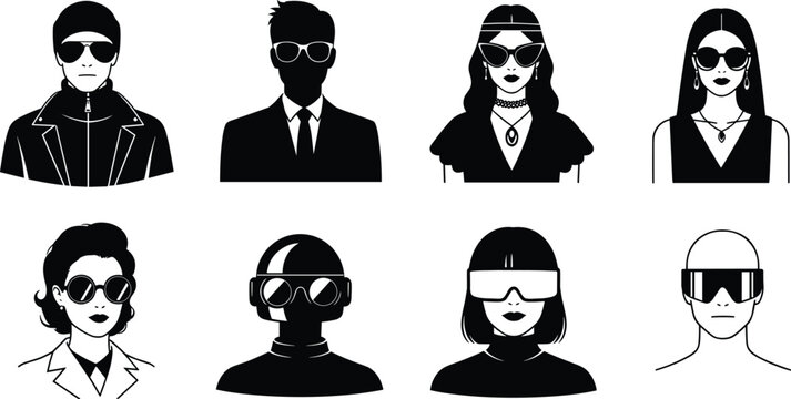 Sunglasses fashion portraits, diverse styles, headwear, hairstyle contrast, black design, vector silhouettes, urban fashion, identity icons, trendy looks