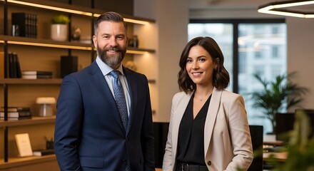 Smiling businessman with beard and young woman in business casual, modern office teamwork portrait