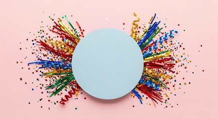 Festive explosion of colorful confetti and streamers around a blank blue circle