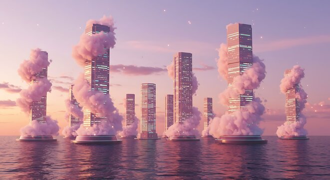 Futuristic cityscape with tall skyscrapers rising above pink clouds and water during sunset representing utopia and science fiction architectural dream.