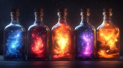 Magical Elixir Collection Five Bottles of Enchanting Cosmic Energy with Sparkling Lights