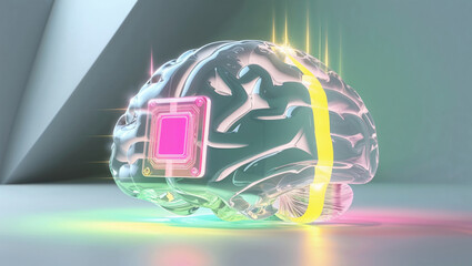 Futuristic brain design glowing with digital circuitry represents the intersection of technology and human intellect in a modern art display