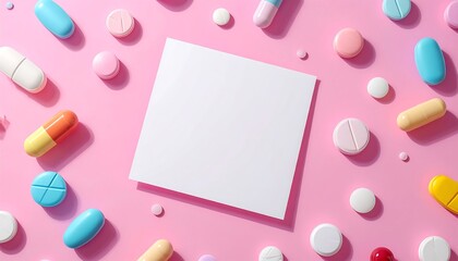 Assorted pills and capsules surround a blank note paper on a pink background