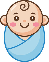 Cartoon baby wrapped in blanket, cute infant with rosy cheeks and big eyes, newborn character pose, flat vector illustration