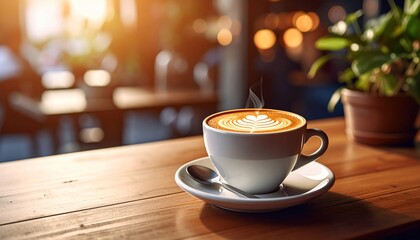 Obraz premium Aromatic Coffee Latte Served on a Wooden Table with Floral Art and Cafe Ambiance