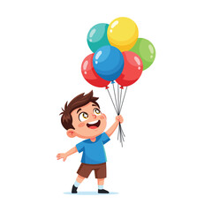 Happy young boy holding a bunch of colorful balloons, celebrating childhood joy
