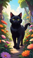 Black cat in a sunlit garden path