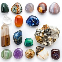 Assorted polished gemstones arranged on white background